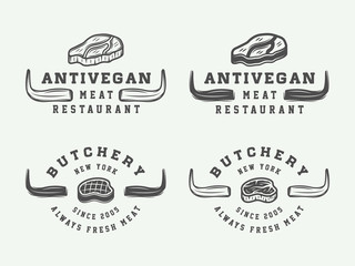 Fototapeta premium Set of vintage butchery meat, steak or bbq logos, emblems, badges, labels. Graphic Art. Vector Illustration.