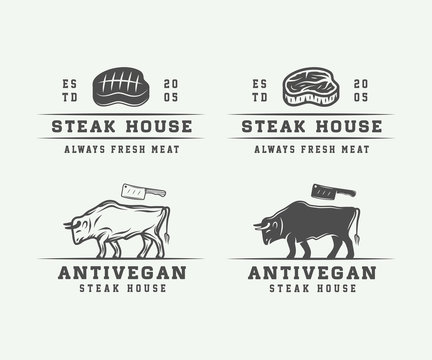 Set of vintage butchery meat, steak or bbq logos, emblems, badges, labels. Graphic Art. Vector Illustration.