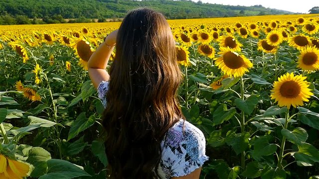 Beautiful romantic girl woman with hat smiling on sunflower field in sunset. Slow motion