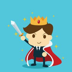 businessman wearing crown and mantle holding a sword like king.success business concept.