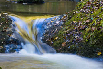 Beautiful colorful flowing water reflecting fall leaves and blue sky nature forest background