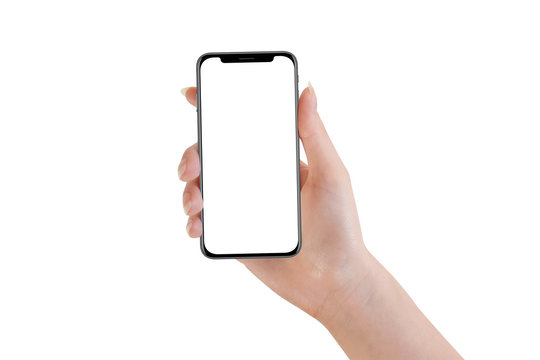 Female hand holding modern black phone, isolated on white background