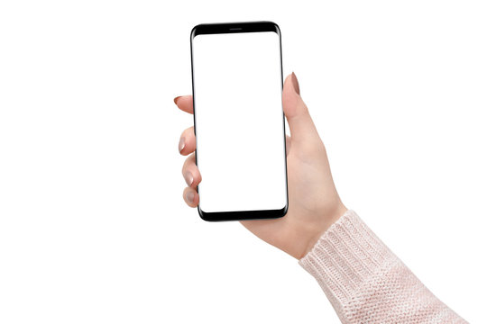 Female hand holding modern smartphone with rounded edges isolated on white background