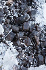 Small rocks covered in ice at lake shore