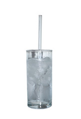isolated glass of pure water with glass drinking straw and ice. object, beverage.