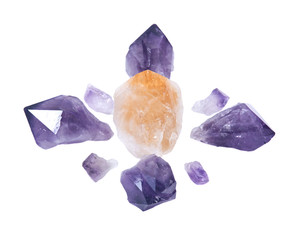 Amethyst and citrine natural points arranged in crystal grid isolated on white background