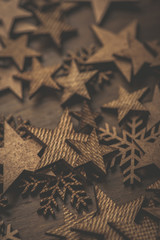 Christmas. Decoration. Stars and snowflakes on a rustic wooden table