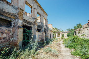 Fototapeta na wymiar Abandoned overgrown ruined buildings