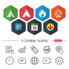 Tourist camping tent signs. Fire flame icons.