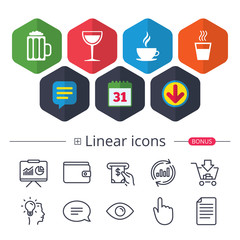 Drinks signs. Coffee cup, glass of beer icons.