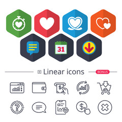 Heart ribbon icon. Timer stopwatch symbol.
