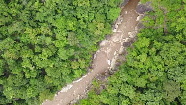 An aerial view from a drone of a river at Oob Luang nation park in Chiangmai, Thailand
