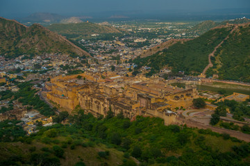 Indian travel famous tourist landmark, beautiful view of the city of Amber Fort and Maota lake, located in Rajasthan, India