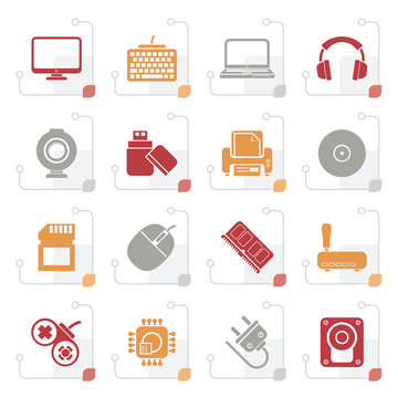 Stylized Computer Peripherals And Accessories Icons - Vector Icon Set