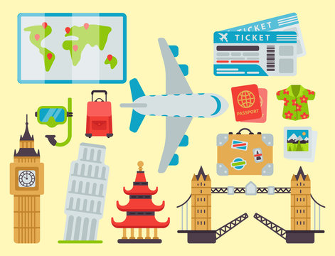 Airport travel icons flat tourism suitcase passport luggage plane transportation vector illustration.
