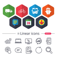 Transport icons. Truck, Bicycle, Bus and Ship.