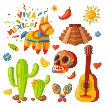 Mexico icons vector illustration traditional graphic travel tequila alcohol fiesta drink ethnicity aztec maraca sombrero.