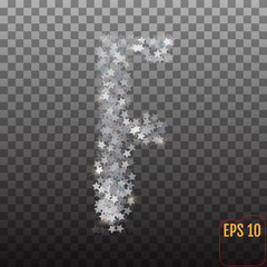 Alphabet of sparkling confetti. Silver stars of confetti. The letter "f". Vector illustration for party, birthday celebrate, anniversary or event, festive. Festival decor.