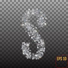 Alphabet of sparkling confetti. Silver stars of confetti. The letter 