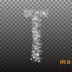 Alphabet of sparkling confetti. Silver stars of confetti. The letter 