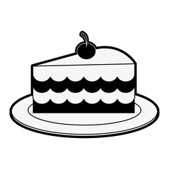 cake slice with cherry on top pastry icon image vector illustration design  black and white