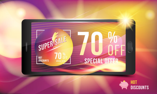 Hot offer is a super discount of 70%. Concept of advertising with a smartphone and banner with hot discounts and realistic fire with light effects on a colored background. Vector illustration EPS 10