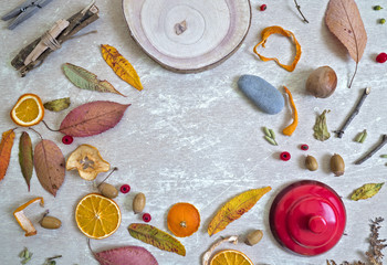 Fototapeta na wymiar Flat Lay Creative Autumn Background on White Rustic Table Top