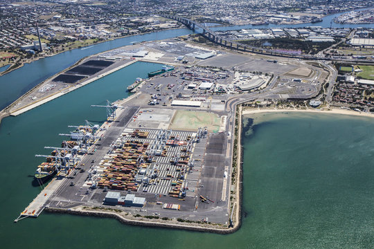 Aerial view of the fully automated Victoria International Container Terminal at Webb Dock, Port of Melbourne