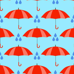 Red umbrellas seamless pattern isolated on blue background. Cute cartoon rain. Flat design Vector Illustration EPS