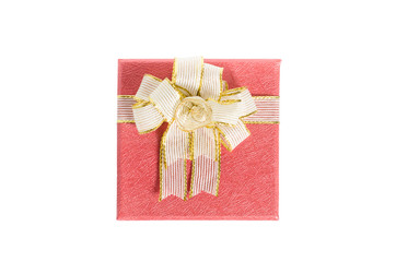 Red gift box decorated with golden ribbon isolated on white background,present to giving in special day