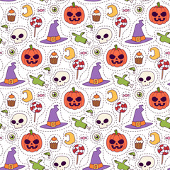 Halloween carnival seamless pattern background vector illustration with pumpkin and ghost spooky october autumn fear creepy traditional sign.