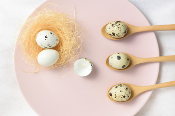 quail eggs in the nest on dish.