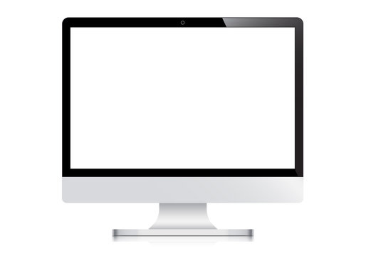 Realistic modern desktop computer isolated on white background. PC blank screen display. monitor with empty screen. copy space on device mock up.
