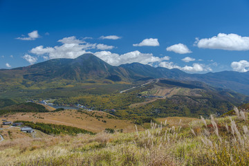 Fototapeta na wymiar 車山からの白樺湖と蓼科山
