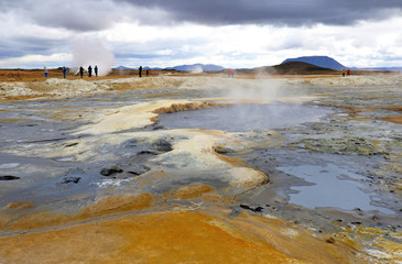 Bubbling Hot with steam. Mud Pots in the Geothermal Area, Hverir,  Iceland. 