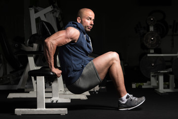 Fototapeta na wymiar Man Exercising Triceps On Bench In The Gym