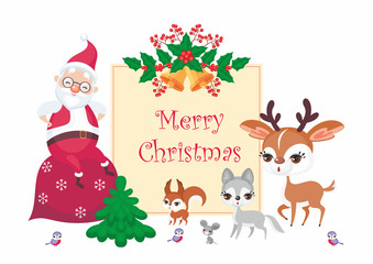 Christmas greeting card with the image of Santa Claus and woodland animals. Vector background.
