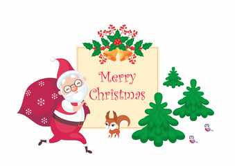 Christmas greeting card with the image of Santa Claus and woodland animals. Vector background.