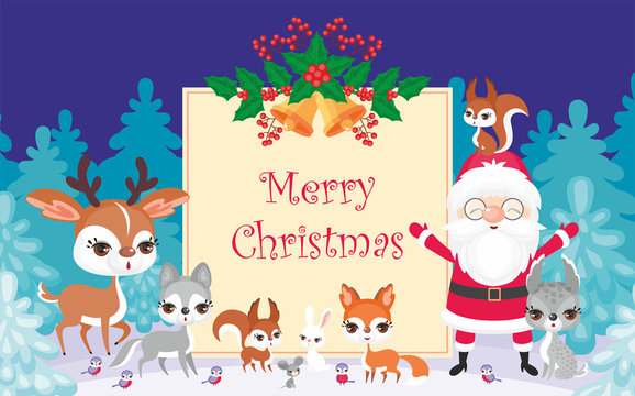 Christmas greeting card with the image of Santa Claus and woodland animals. Vector background.