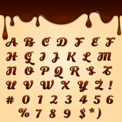 Chocolate made vector text. Shaped brown dessert gel font, latin flowing melted liquid text