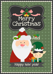 Merry Christmas vector Santa with elf character greeting card