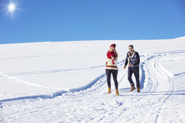 Fototapeta na wymiar Carefree happy young couple having fun together in snow.