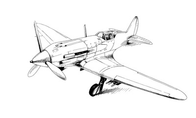 Fototapeta na wymiar military fighter jet drawn in ink by hand in full growth on a white background