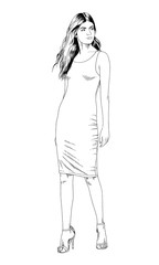young slim girl drawn in ink by hand in full growth on a white background