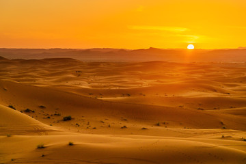 Fototapeta na wymiar Erg Chebbi Sand dunes near Merzouga on sunset. Morocco