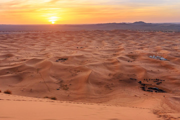 Fototapeta na wymiar Sunrise in Erg Chebbi Sand dunes near Merzouga, Morocco