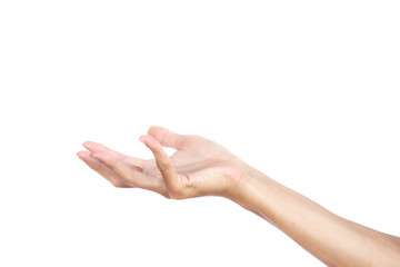 Hand gesture open up seem like a holding something empty isolated on white background. Clipping path. . Hand gestures are languages that people can not speak and deaf people communicate with people.