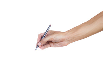 Hand holding pen writing something text isolated on white background. Clipping path. The pen is a device used to write letters to memorize the memories on paper. Many colors such as blue, red, black.