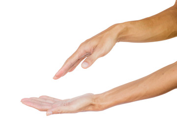 Hand over hand like a present something product. Press down and open up hand. Isolated on white background with clipping path. A human hand gesture like doing something with copy space.