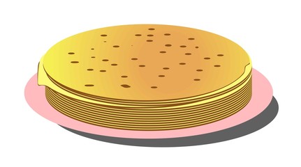 Pile of thin Russian pancakes on pink plate